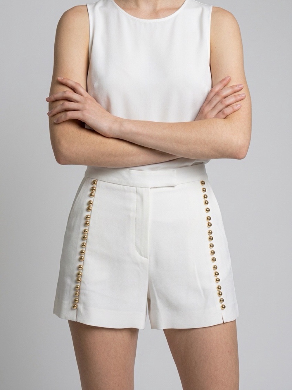 ELIE Saab White Shorts with Gold Button Details